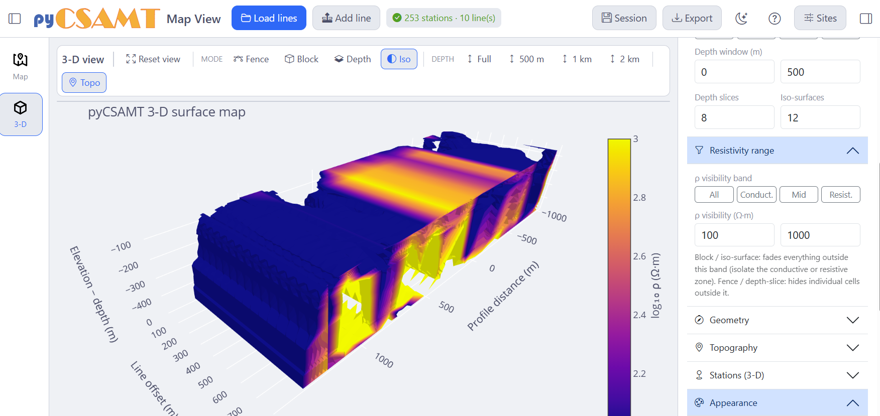 MapView 3-D iso-surface map with depth and resistivity controls