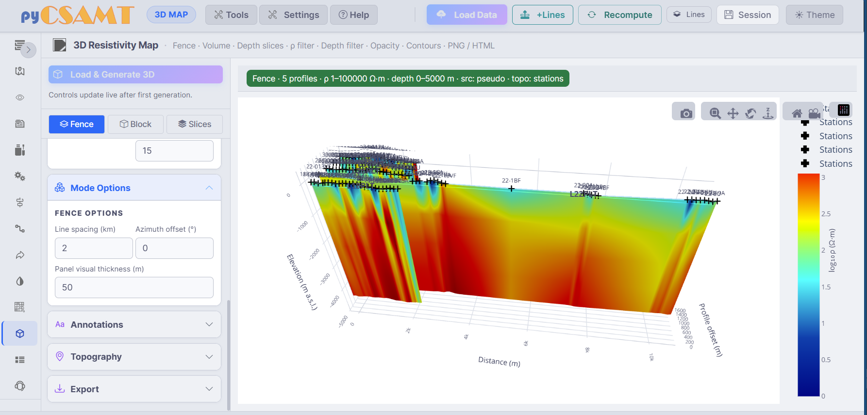The 3D Map page showing a fence section with topography