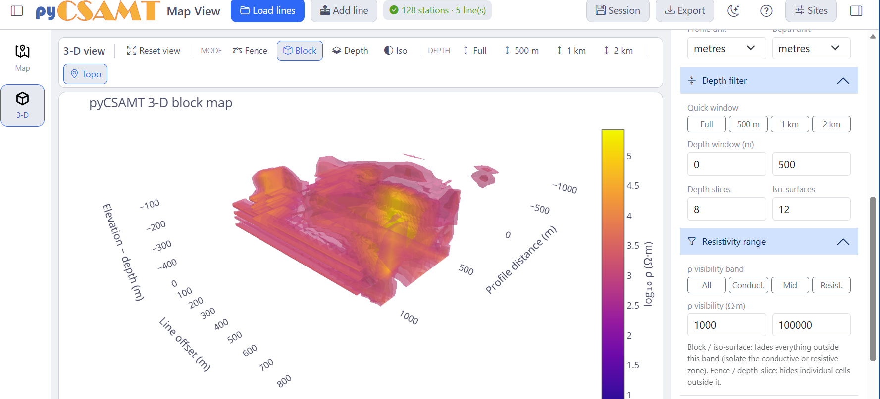 MapView 3-D block map showing only the resistive band