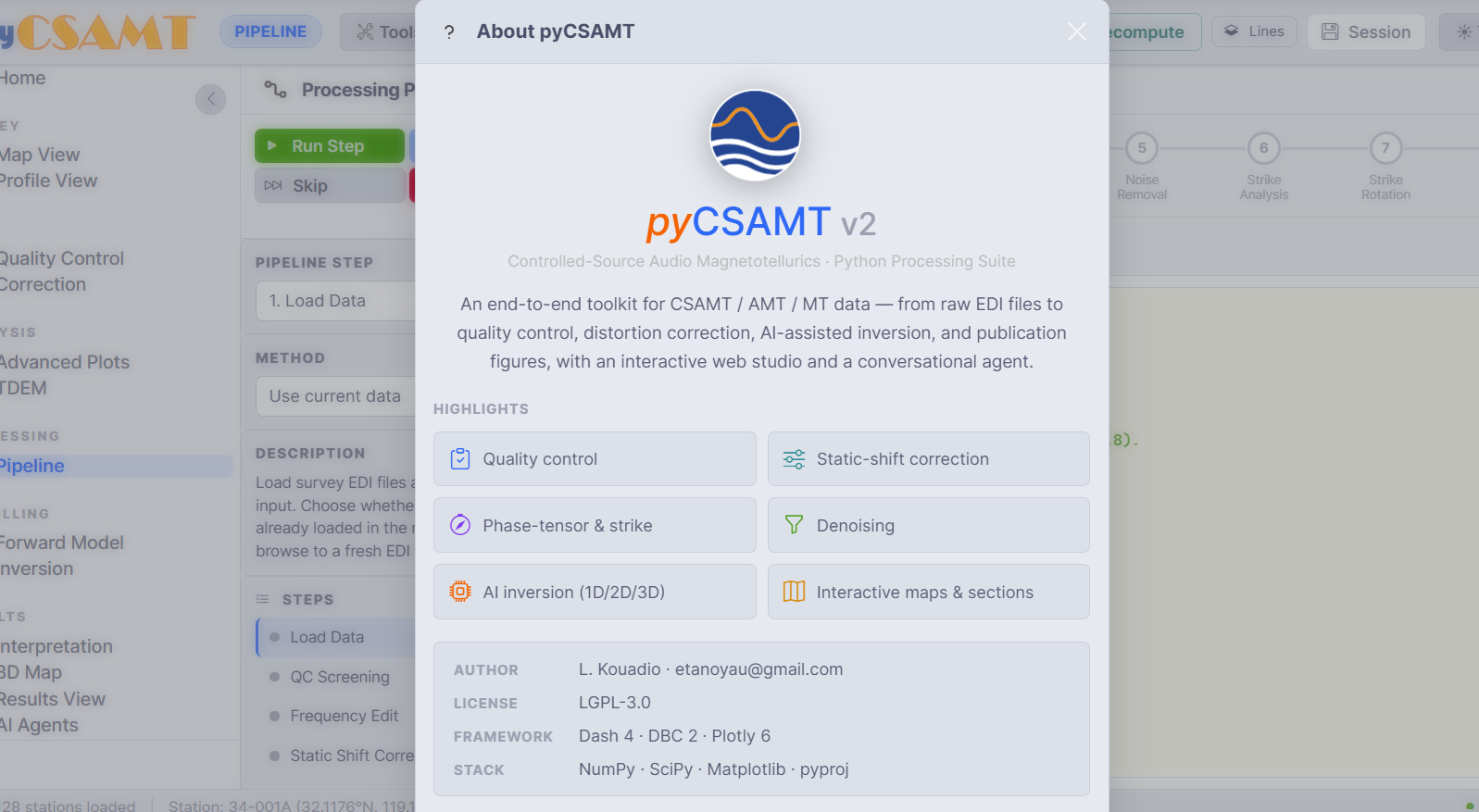 The About pyCSAMT dialog with version, license, and framework details