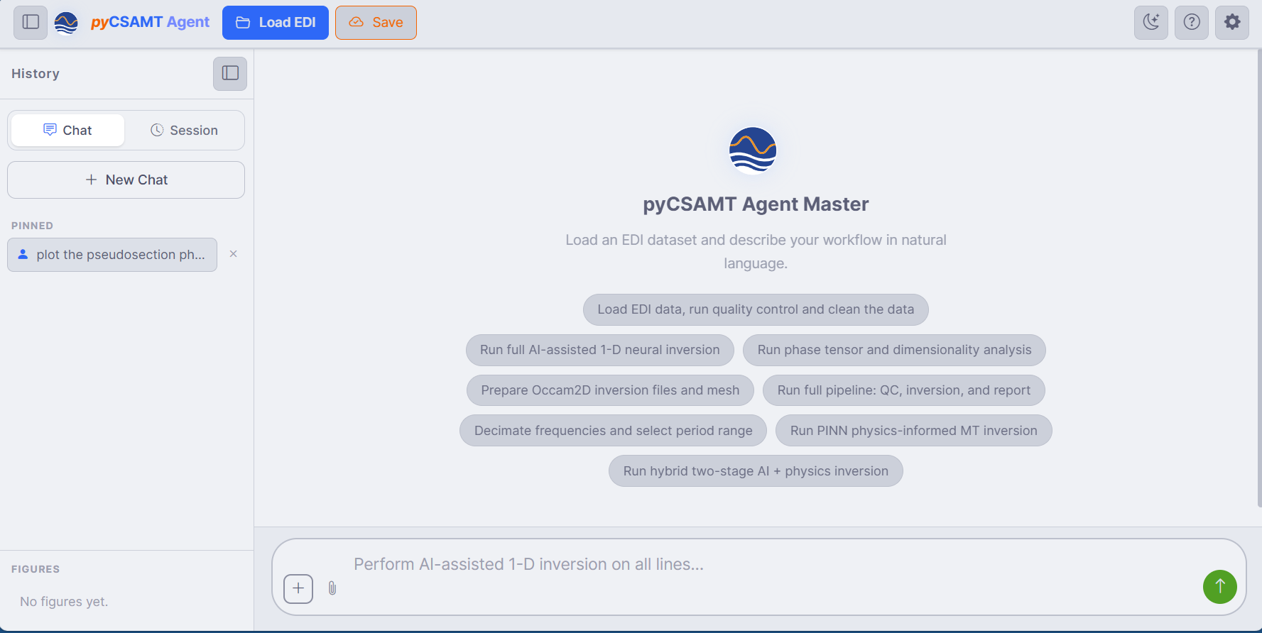 The Agent Master interface: top bar, history sidebar, chat area, input