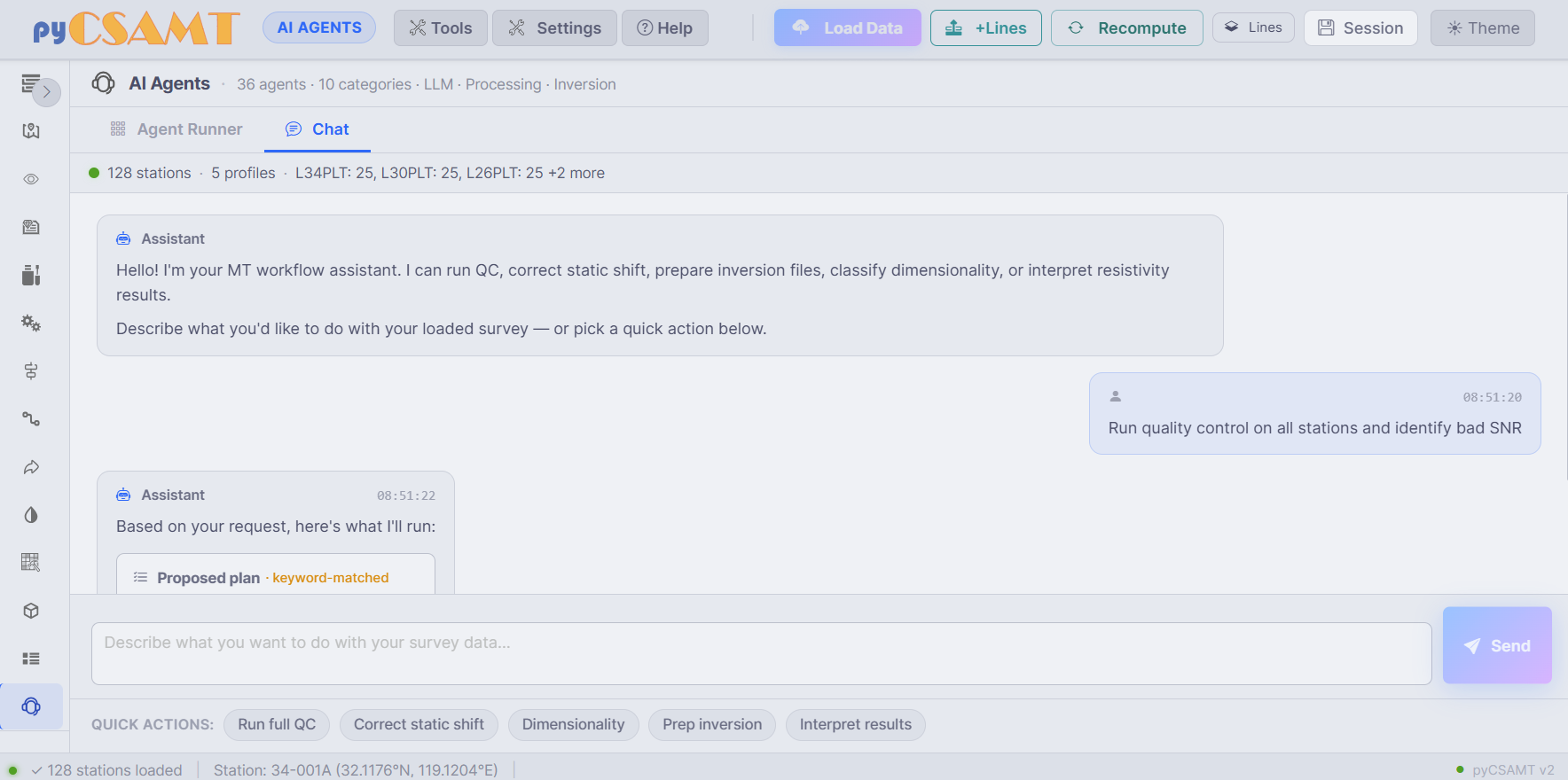 The AI Agents Chat tab with a proposed plan and quick actions