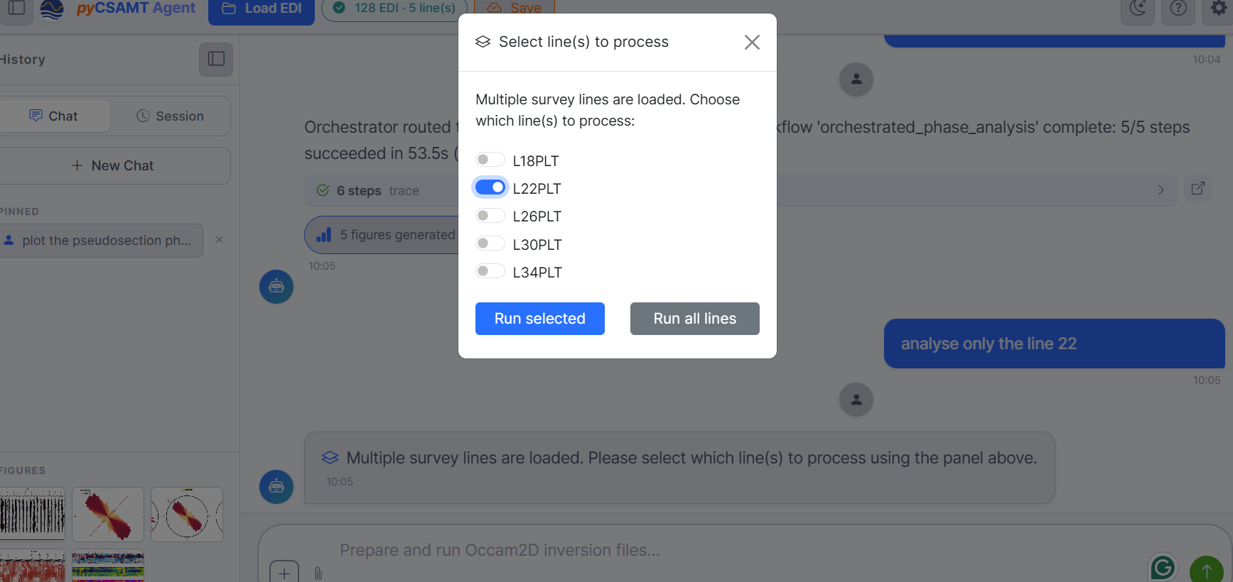 The line-selection panel with the orchestrator result and figures behind it