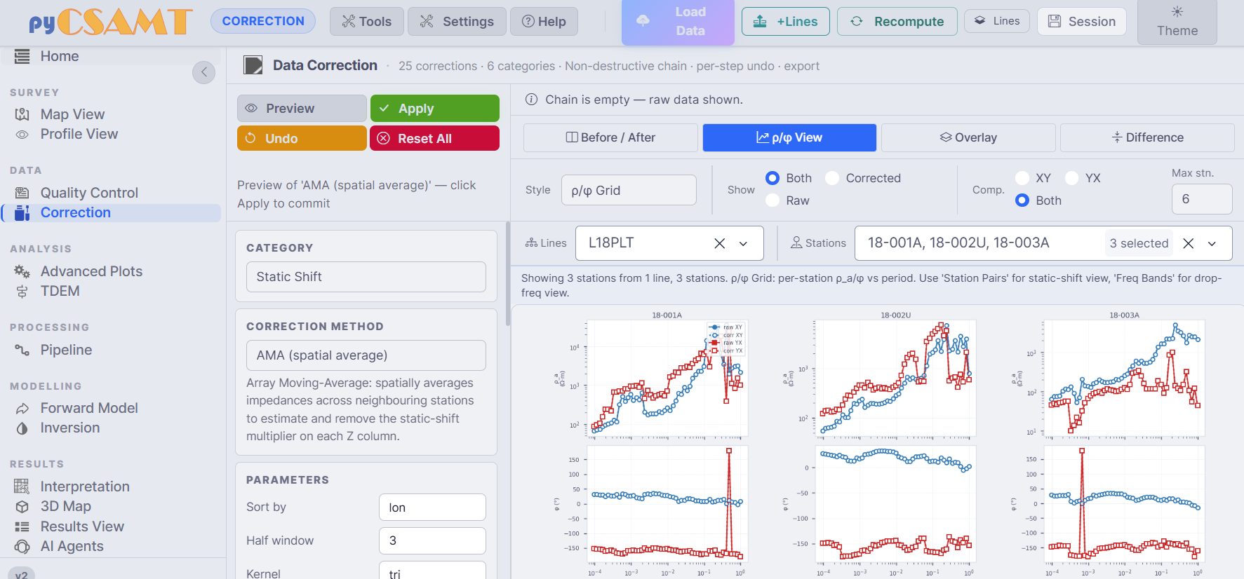 The Correction page previewing an AMA static-shift correction