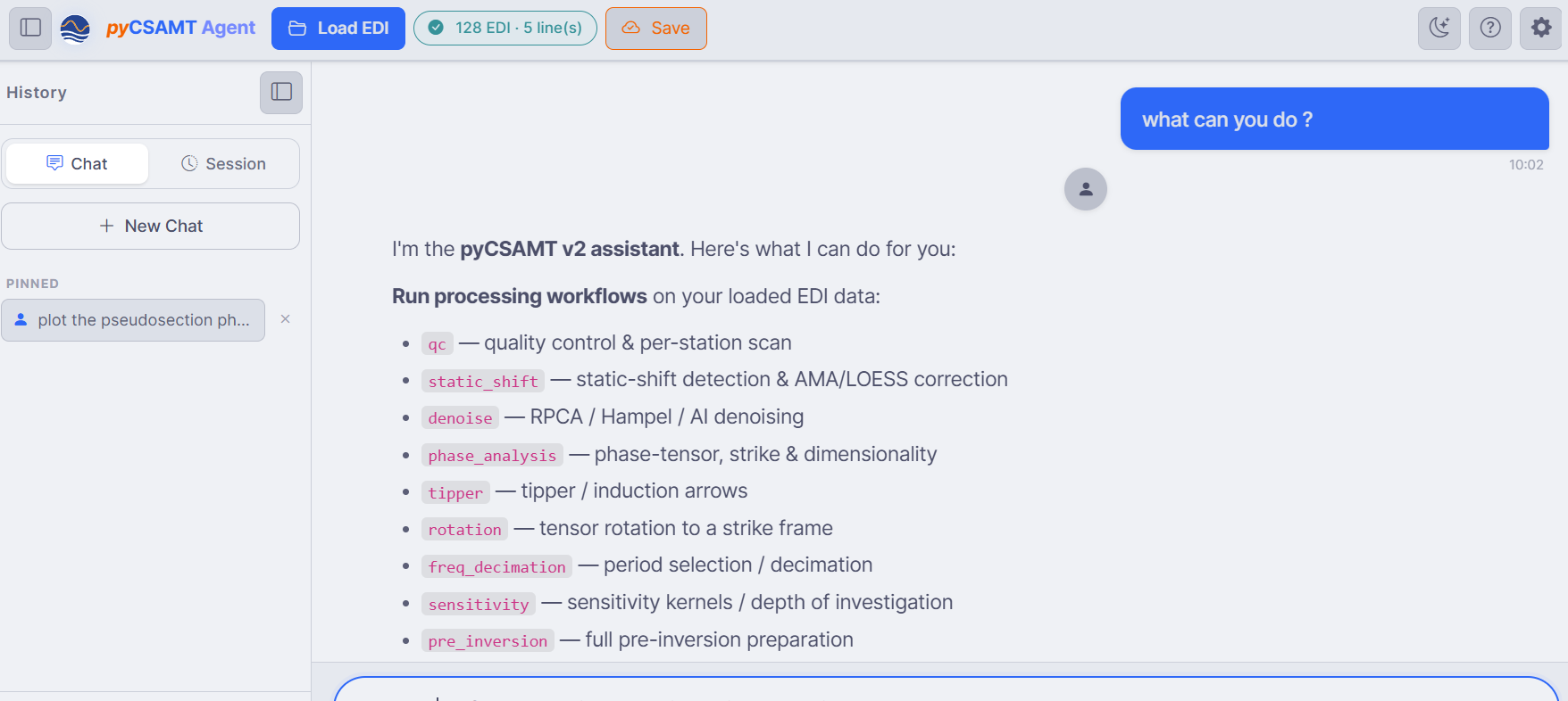 Agent Master answering "what can you do?" with its workflow list