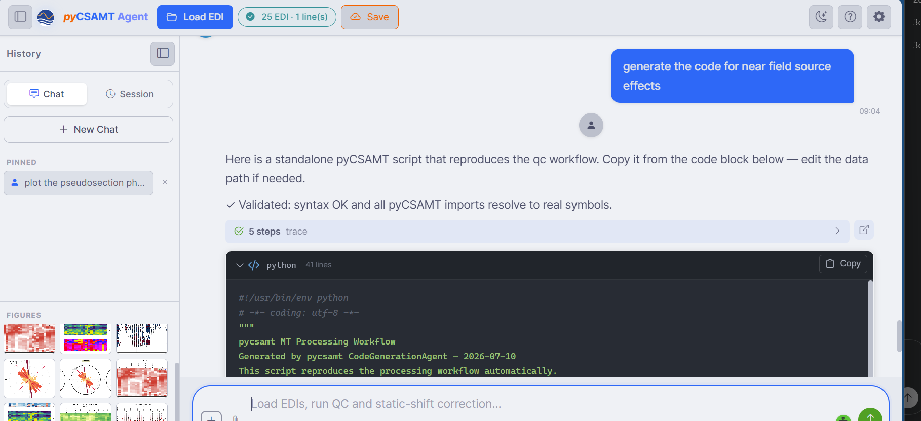 Agent Master returning a validated standalone pyCSAMT script in a code block
