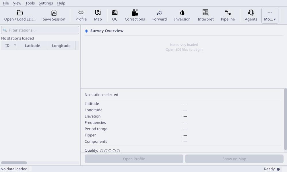 pyCSAMT desktop main workspace after launch