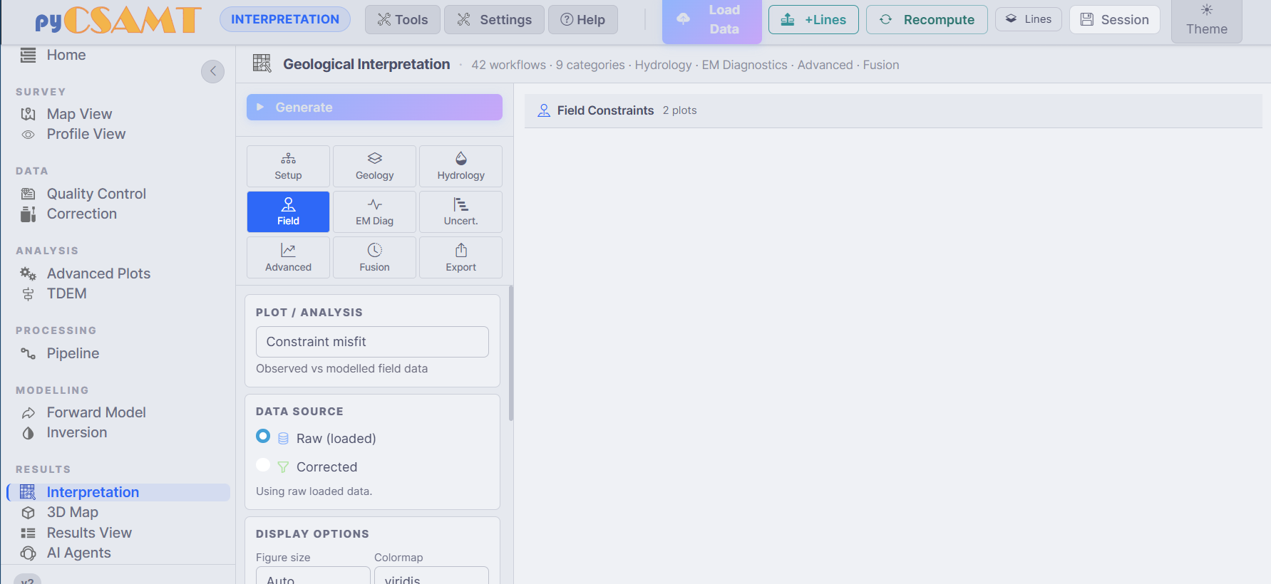 The Interpretation page with category buttons and a plot selector