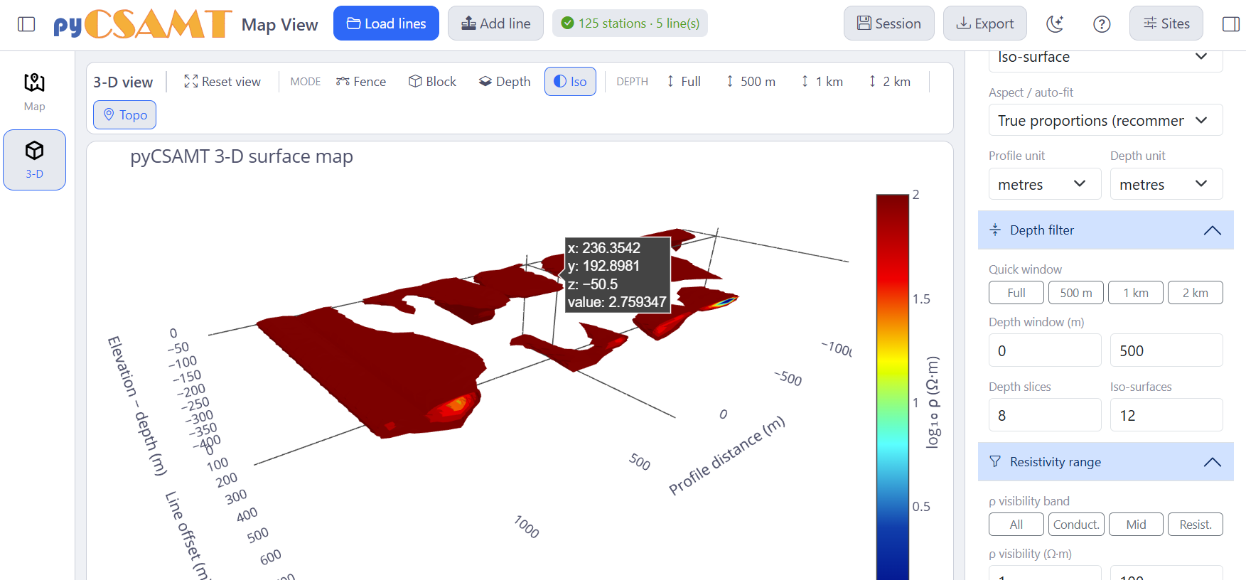 MapView 3-D iso-surface of an inversion result with a hover read-out