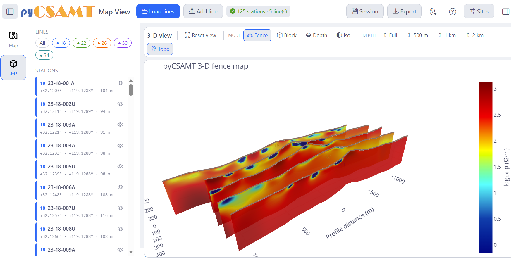 MapView 3-D fence map of an imported ModEM inversion result