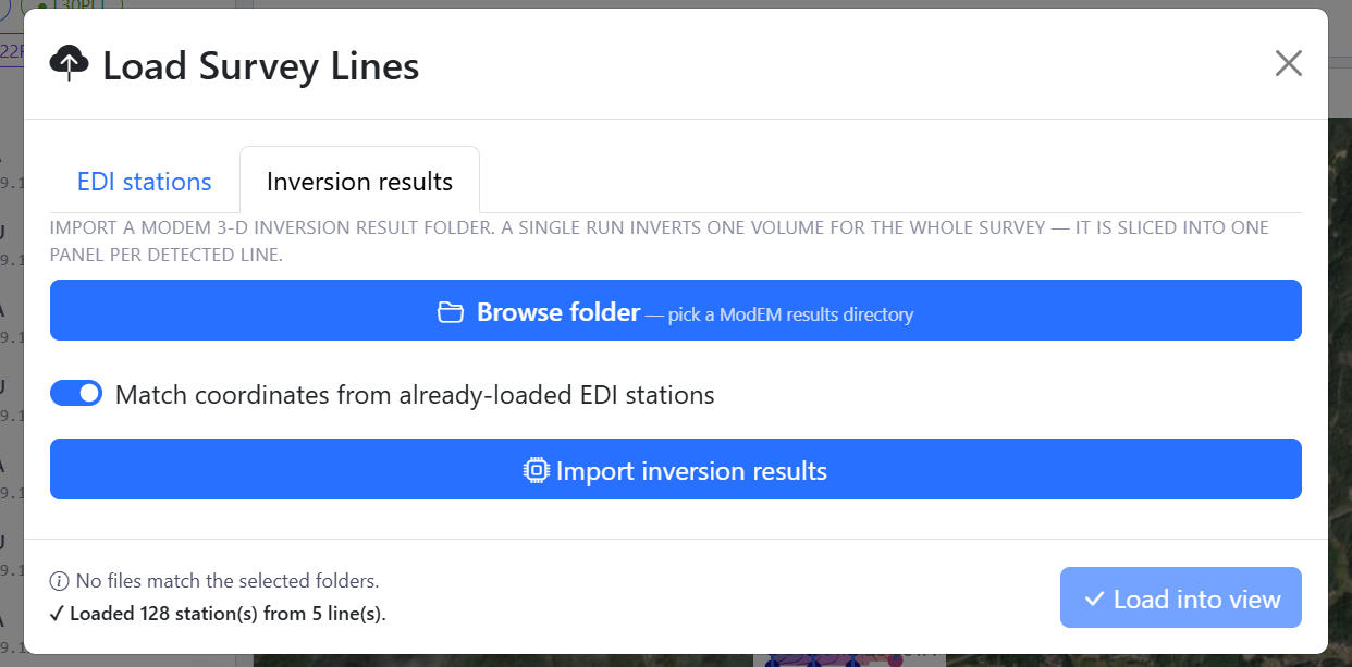 The Load Survey Lines dialog on the Inversion results tab
