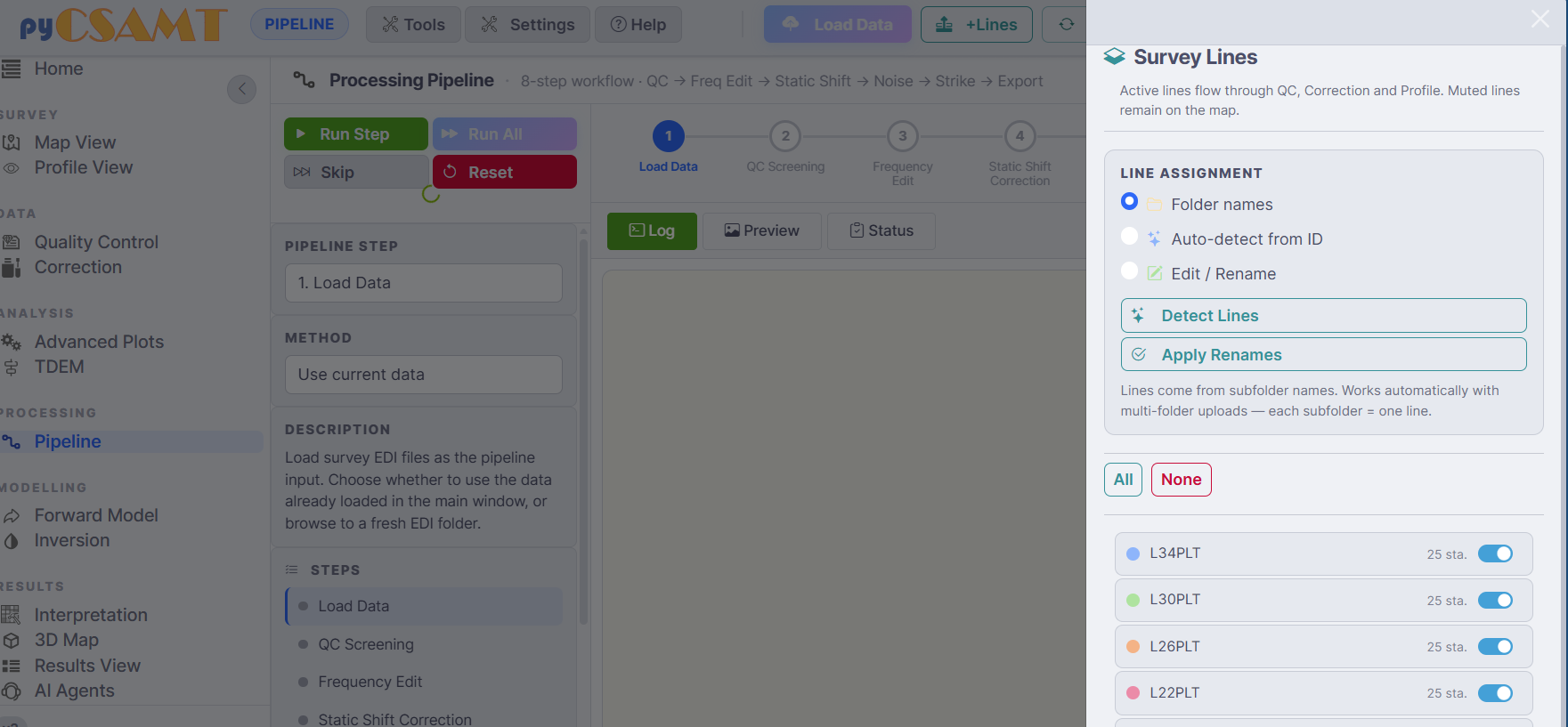The Survey Lines drawer with line assignment and active toggles