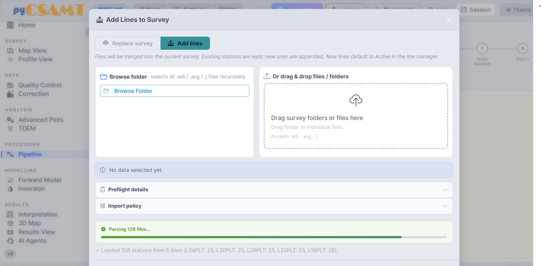 The Add Lines to Survey modal merging additional folders