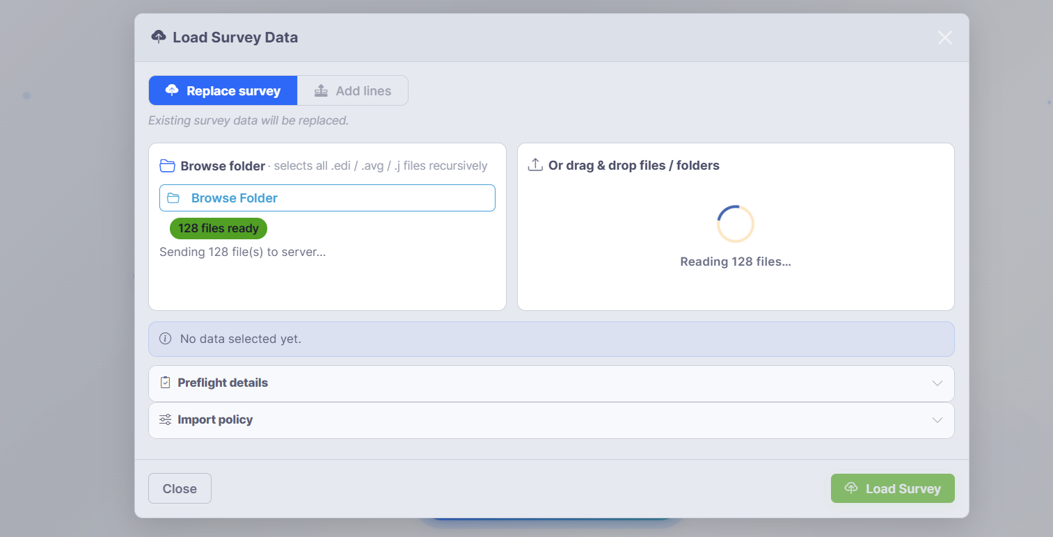 The Load Survey Data modal with browse-folder and drag-and-drop panels