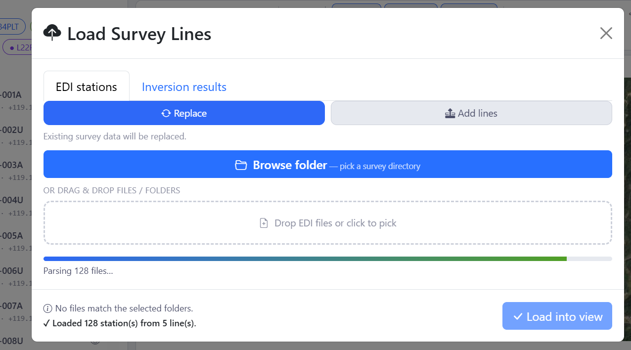 The Load Survey Lines dialog on the EDI stations tab
