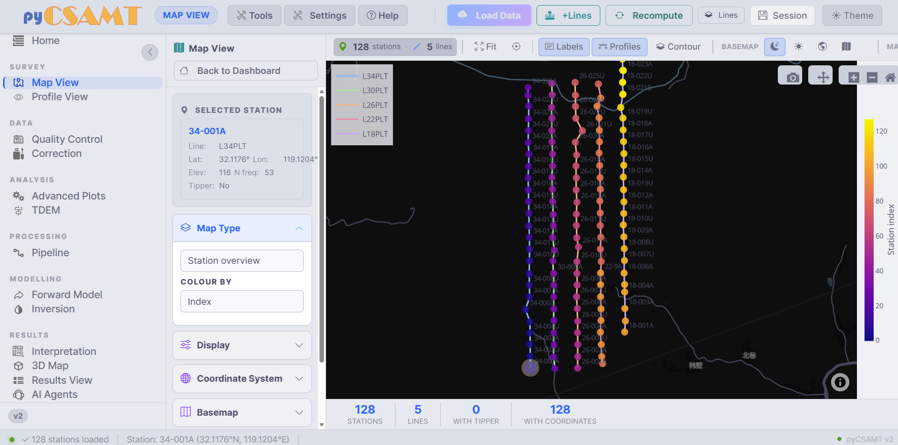 The Map View page showing coloured survey lines on an interactive map
