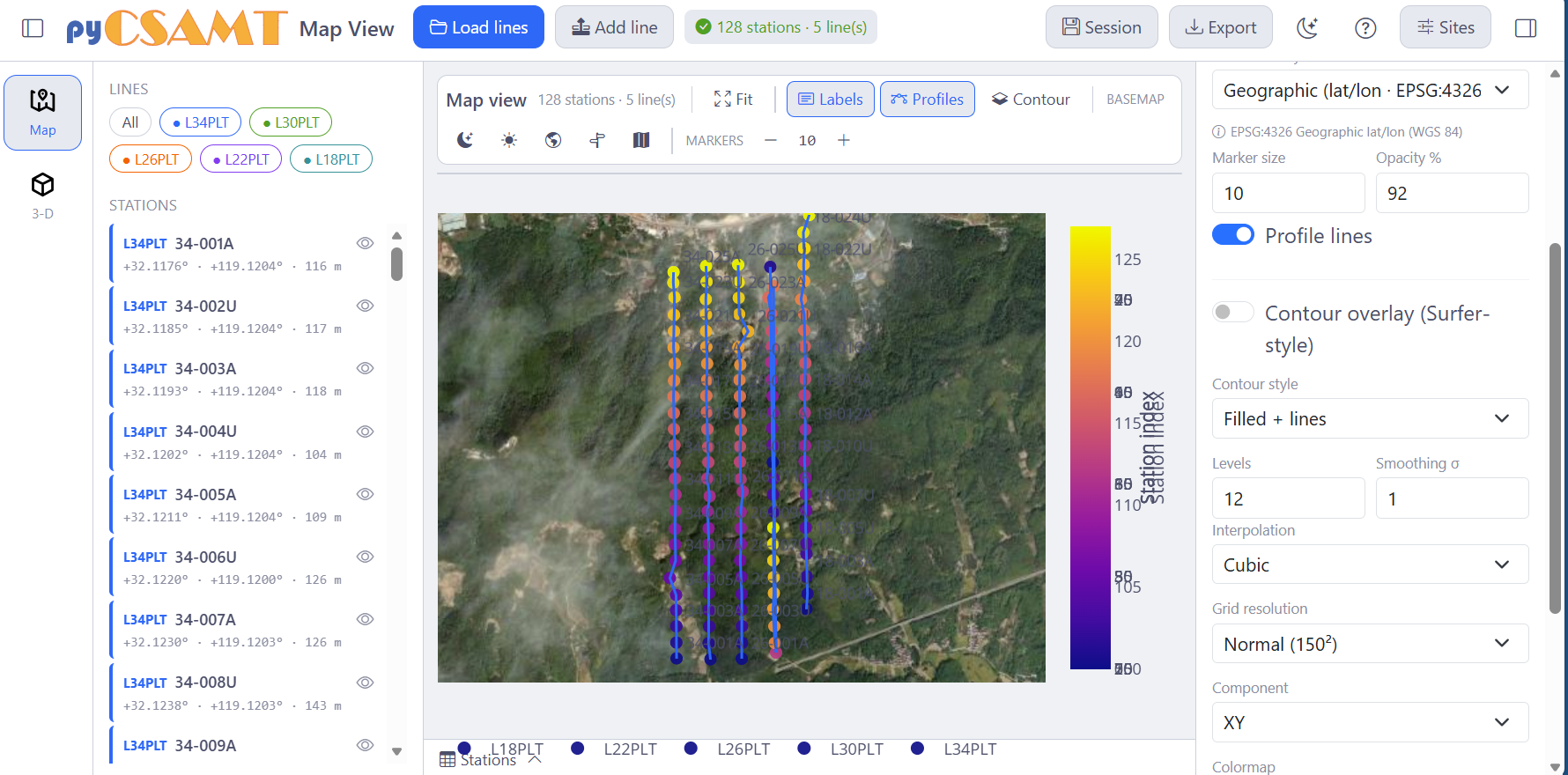 MapView Map view with stations and profile lines on a satellite basemap
