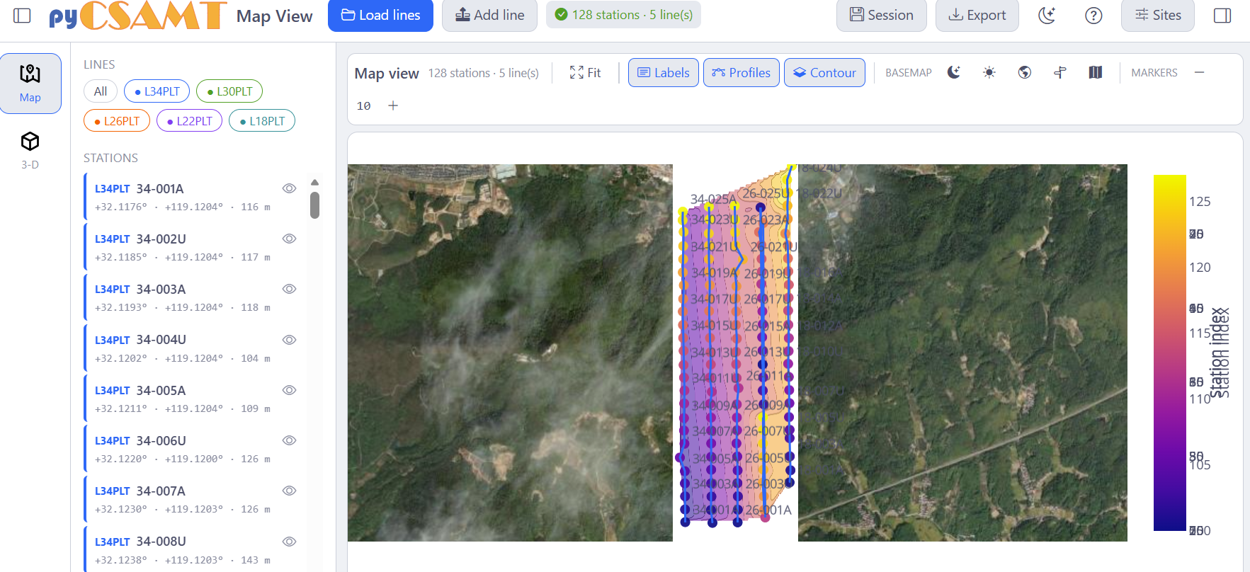 MapView Map view with a filled contour overlay over the satellite basemap