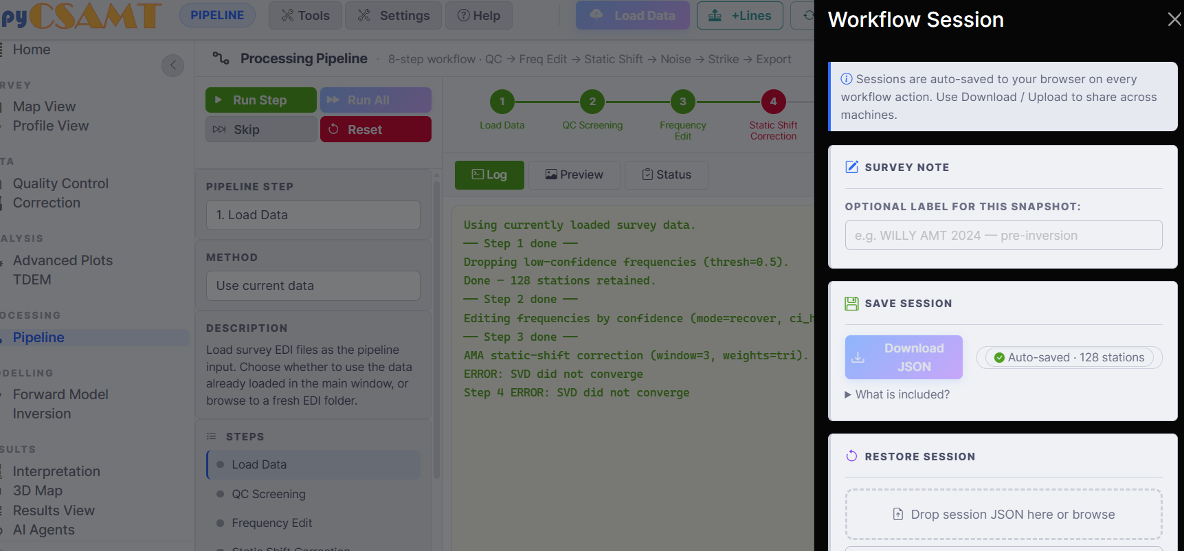 The Workflow Session drawer with download and restore controls