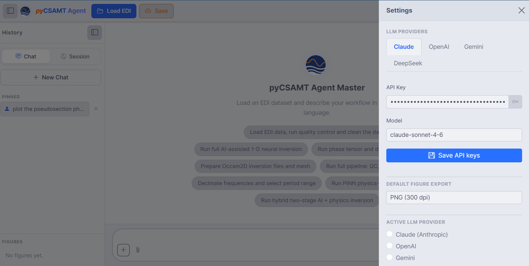 The Agent Master Settings drawer with LLM providers, API key, and model