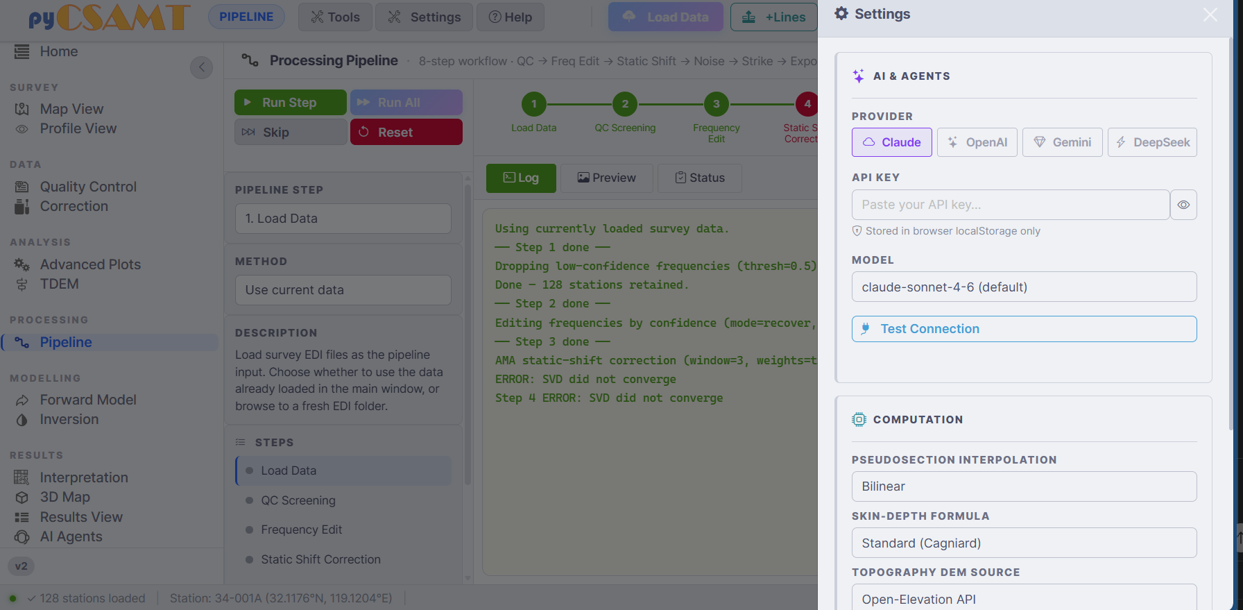 The Settings drawer showing AI provider and computation defaults