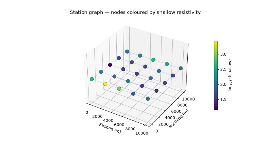 Station graph — nodes coloured by shallow resistivity