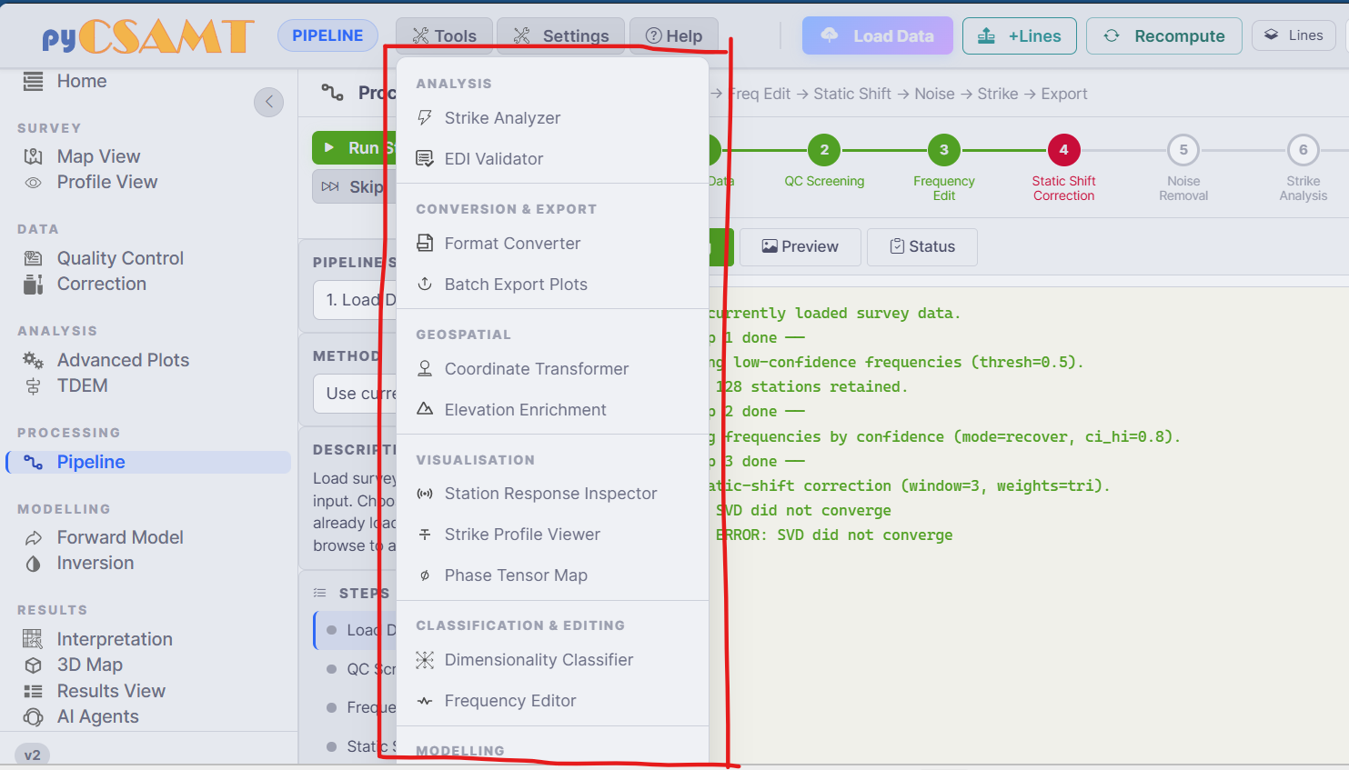 The Tools dropdown grouped into analysis, conversion, geospatial, and more