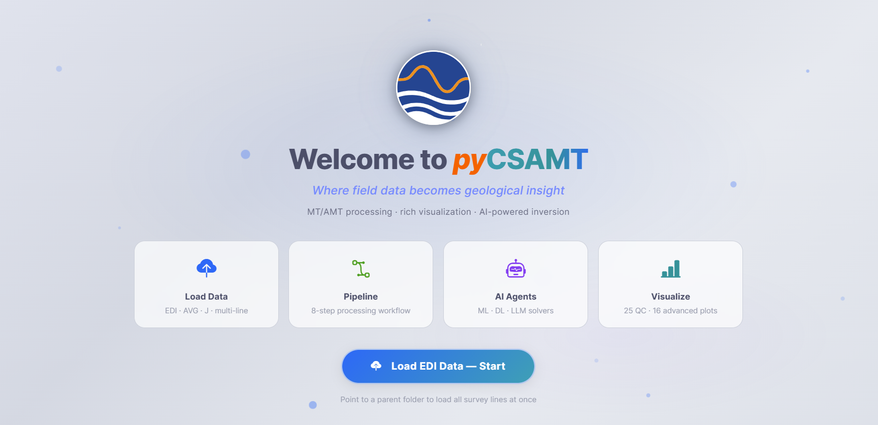 The pyCSAMT web welcome screen before any data is loaded